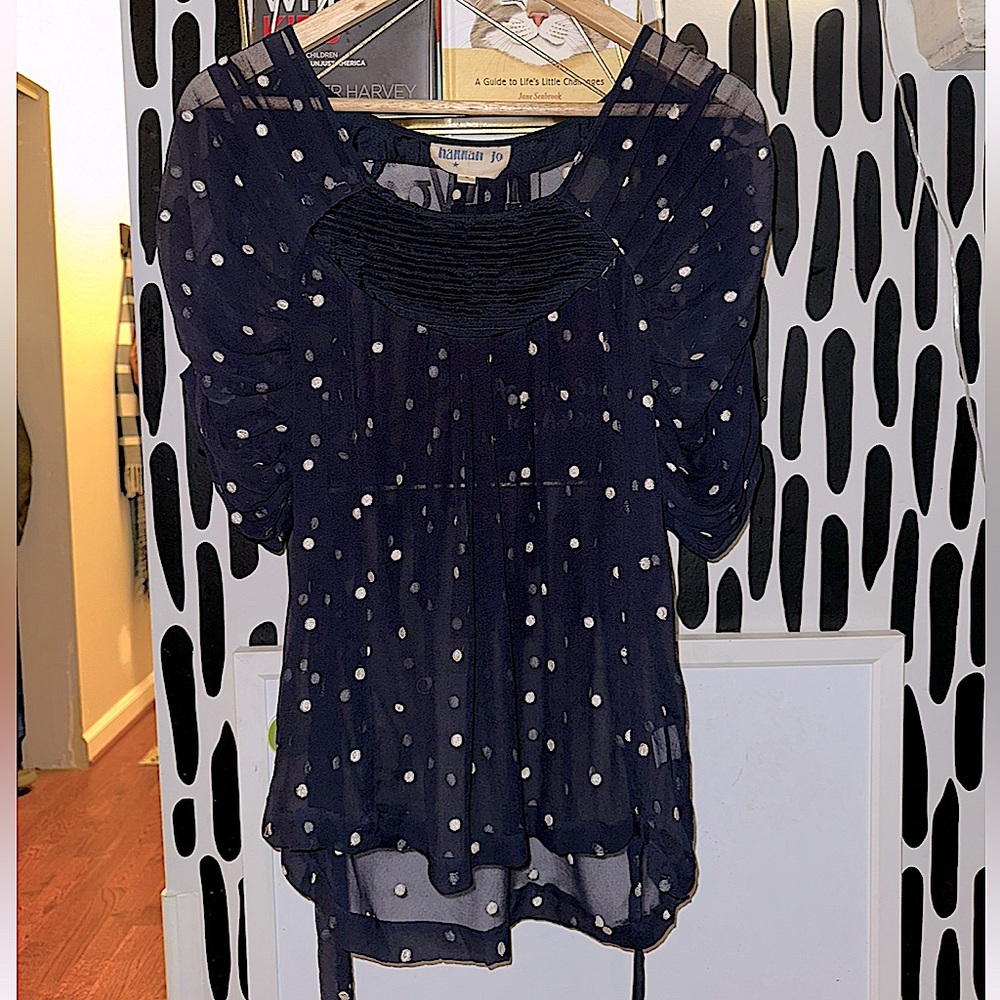 Stunning Anthropologie 100% Silk Navy and White Polka-Dot Embroidered Blouse